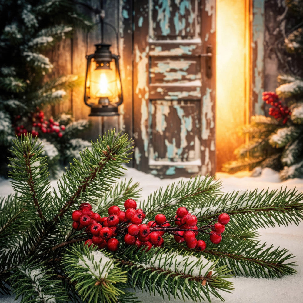 winter holiday, christmas, evergreen, pine branches, red berries, snow, lantern, warm gold, forest green, cream white, rustic, traditional, nature, seasonal, festive, cozy, vintage door, cabin aesthetic, winter scene, holiday decoration, natural elements, warm lighting, nostalgic, countryside, december, winter landscape, holiday gathering, decorative panel