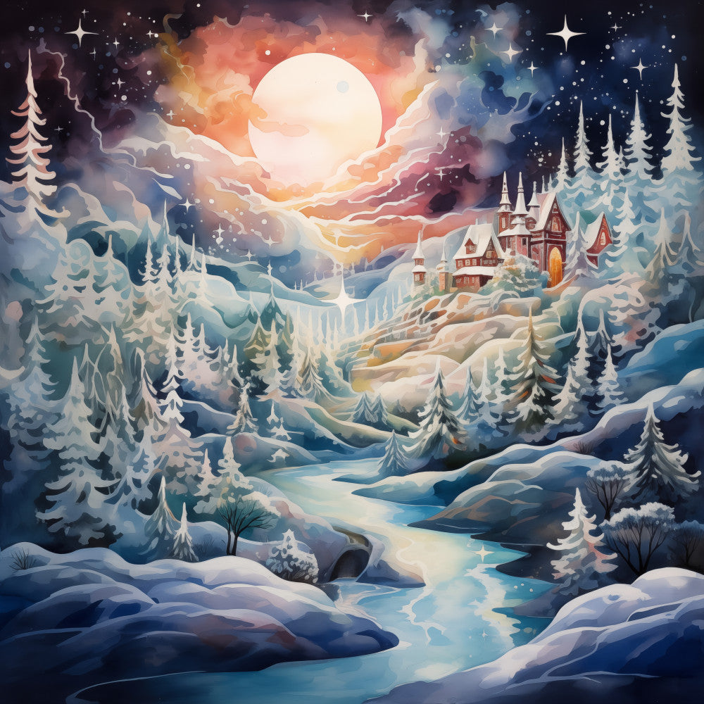 winter landscape, snowy forest, full moon, fairy tale, magical, celestial, starry night, christmas, holiday, snow-covered trees, cabin, cottage, winter village, night sky, aurora borealis, cream, ivory, navy blue, deep blue, warm orange, coral, gold, silver, whimsical, enchanted, peaceful, serene, rustic cabin, winter wonderland, frozen lake