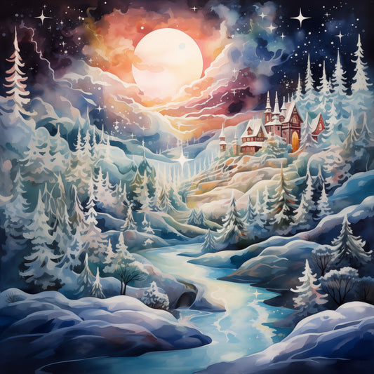 winter landscape, snowy forest, full moon, fairy tale, magical, celestial, starry night, christmas, holiday, snow-covered trees, cabin, cottage, winter village, night sky, aurora borealis, cream, ivory, navy blue, deep blue, warm orange, coral, gold, silver, whimsical, enchanted, peaceful, serene, rustic cabin, winter wonderland, frozen lake