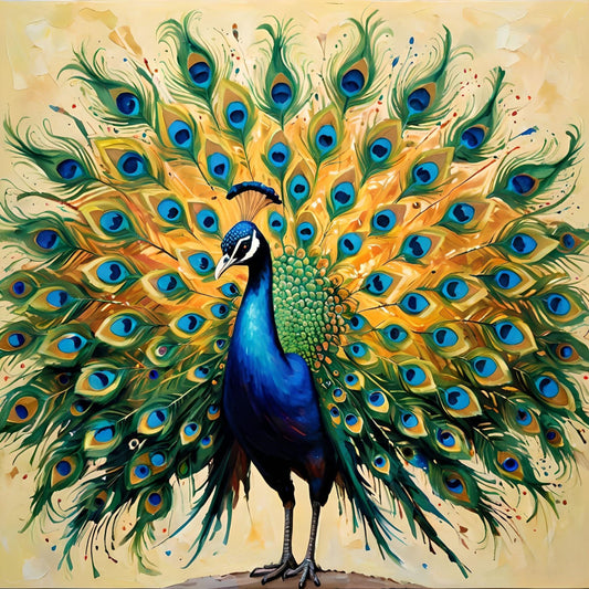 peacock, deep blue, emerald green, gold, orange, yellow, iridescent, bird, feathers, nature, animal, eye motifs, bohemian, whimsical, elegant, ornate, decorative, vibrant, jewel tones, traditional, artistic, painting style, exotic, fan tail, artistic rendering, wall art, home decor, statement piece, intricate detail