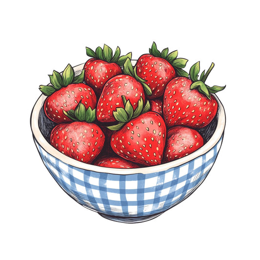 strawberry, red, cream white, blue gingham, gingham check, plaid, checkered, fruit, berries, nature, farmhouse, vintage, rustic, country, spring, summer, fresh, garden, picnic, homespun, traditional, whimsical, cottage core, botanical, food, produce, harvest, retro, sweet, charming