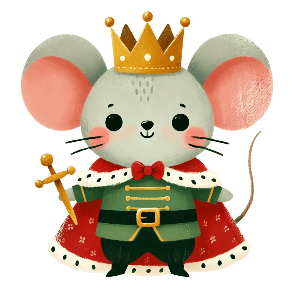 royal mouse, crown, gold, forest green, red, coral pink, cream, whimsical, fairy tale, storybook, cute animals, mouse king, holiday, christmas, regal, elegant, royal, cape, sword, ornate, festive, children's, fantasy, nursery, baby, playful, character panel, novelty print, seasonal, winter