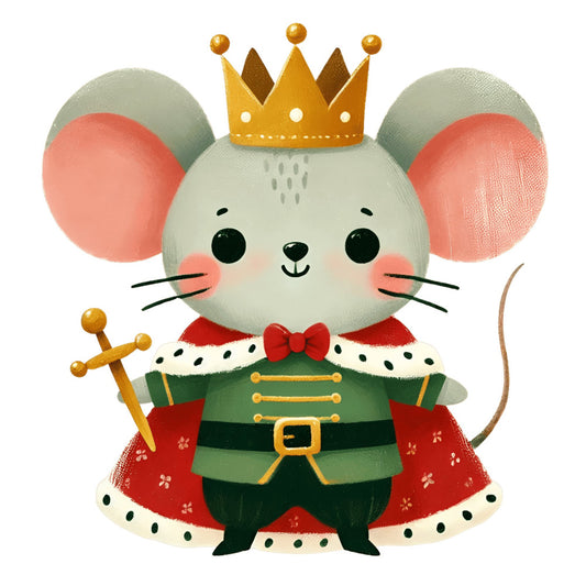 royal mouse, crown, gold, forest green, red, coral pink, cream, whimsical, fairy tale, storybook, cute animals, mouse king, holiday, christmas, regal, elegant, royal, cape, sword, ornate, festive, children's, fantasy, nursery, baby, playful, character panel, novelty print, seasonal, winter
