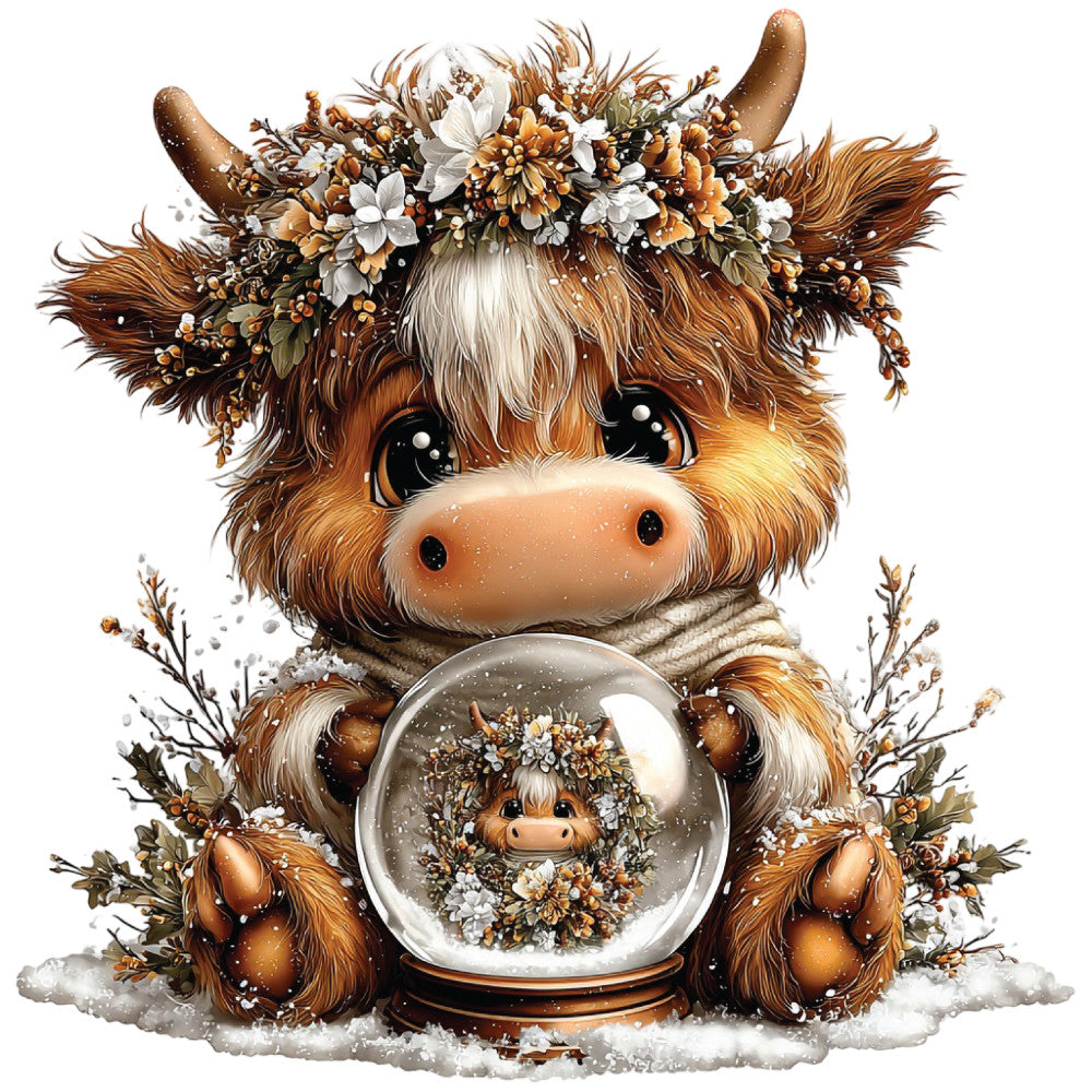 christmas highland cow, fabric panel, brown fur, cream colored, orange accents, floral crown, winter flowers, snow globe, festive decoration, quilting cotton, adorable animal, winter theme, holiday crafting, cute illustration, furry texture, seasonal motif, whimsical design, craft project, sewing panel
