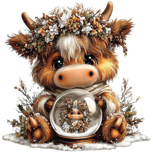 christmas highland cow, fabric panel, brown fur, cream colored, orange accents, floral crown, winter flowers, snow globe, festive decoration, quilting cotton, adorable animal, winter theme, holiday crafting, cute illustration, furry texture, seasonal motif, whimsical design, craft project, sewing panel
