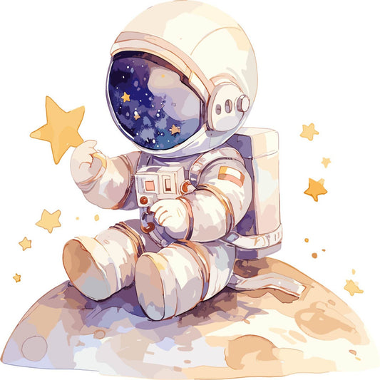 astronaut, space, cosmic, celestial, stars, night sky, deep purple, cream, pale gold, golden yellow, tan, beige, whimsical, modern, children's, kids, cute, playful, adventure, exploration, moon, dreamy, nursery, baby, wall art, inspirational, gender neutral, illustration style, character panel