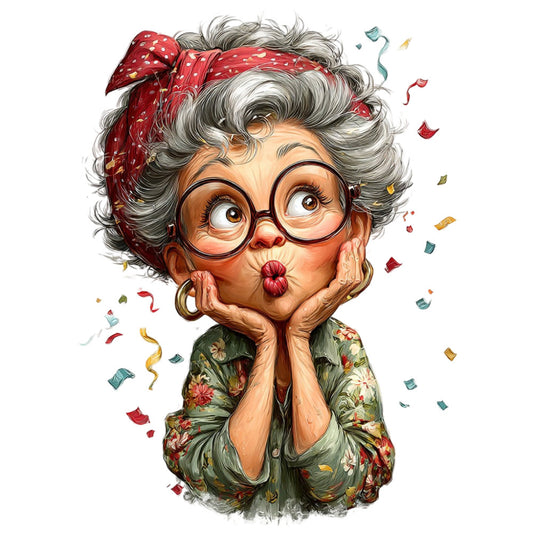 grandmother, whimsical, vintage, playful, character panel, gray hair, red headscarf, glasses, floral blouse, sage green, cream, rust red, gold accents, humorous, novelty, portrait, elderly woman, celebration, confetti, retro style, quirky, folk art, traditional dress, whimsy, fun print, decorative panel, face print, cheerful, kitschy, nostalgic