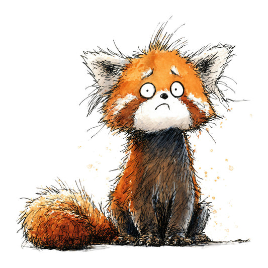 red panda, burnt orange, white, black, charcoal gray, whimsical, cute animals, woodland creatures, illustration style, hand-drawn, adorable, sad expression, nature themed, rustic style, children's fabric, nursery, playful, watercolor effect, splatter details, kawaii style, asian inspired, modern whimsical, animal illustration, storybook, quirky characters, expressive eyes, fabric panel, kids design