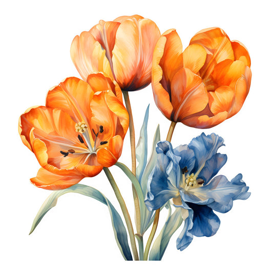 orange tulips, coral tulips, golden yellow, cream, soft orange, periwinkle blue, dusty blue, floral, tulips, spring flowers, nature, botanical, garden, elegant, romantic, traditional, watercolor, painted florals, spring, summer, nature lover, cottage garden, classic florals, multi-color, complementary colors, vibrant florals, delicate petals, realistic flowers, home decor, wall hanging