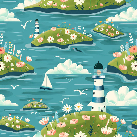 Springtime Lighthouse Scene Pattern 14 Quilting Cotton Fabric