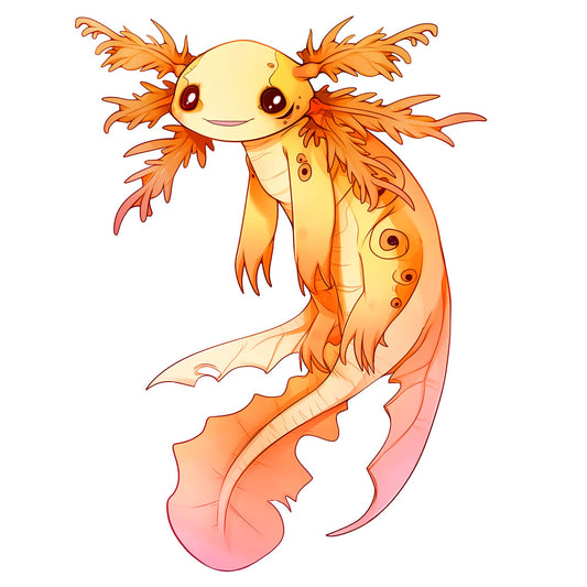orange, yellow, pink, cream, axolotl, salamander, cartoon, cute, aquatic animal, fabric panel, quilting cotton, anime style, kawaii, adorable, gills, tail, spots, gradient colors, children's fabric, craft panel