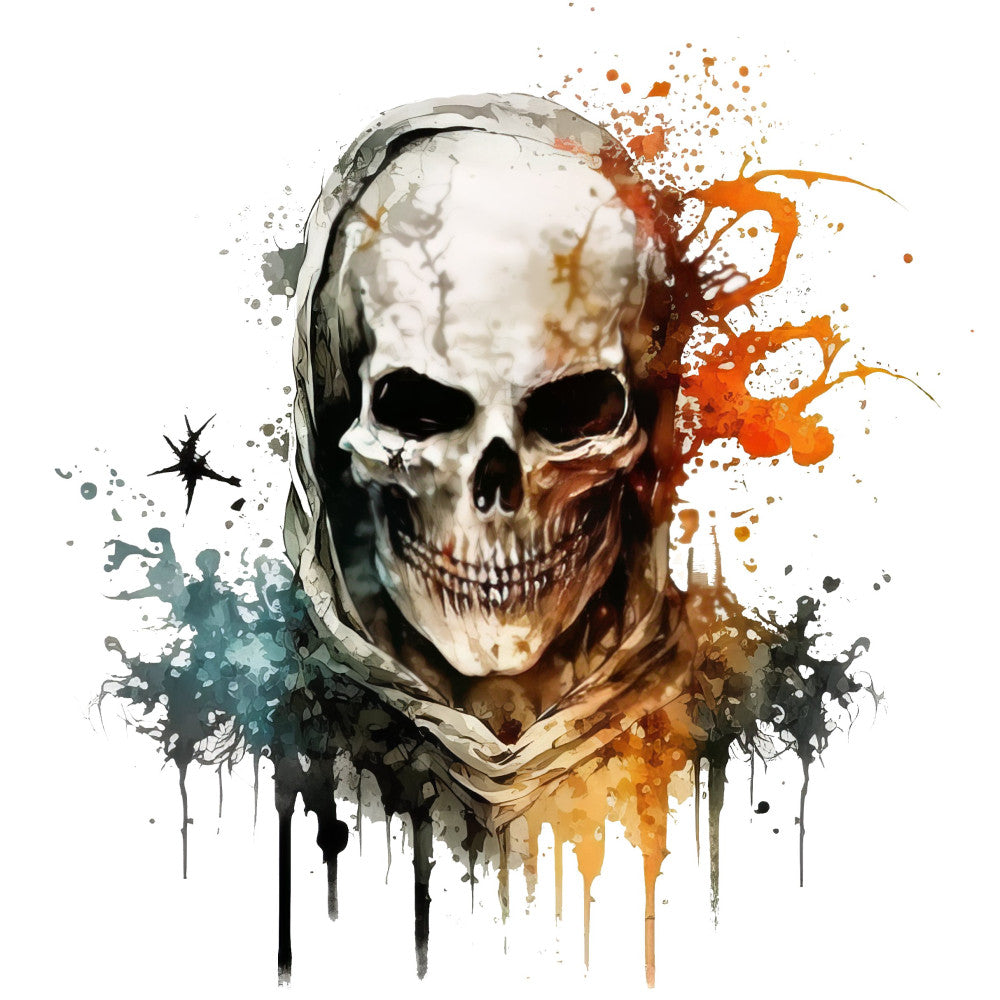 skull, skeleton, watercolor, splatter, abstract, orange, teal, gray, grey, charcoal, cream, white, gothic, edgy, modern, artistic, paint splatter, ink splatter, grunge, dark, moody, alternative, punk, metal, dramatic, contemporary, Halloween, day of the dead, rock and roll, wall art