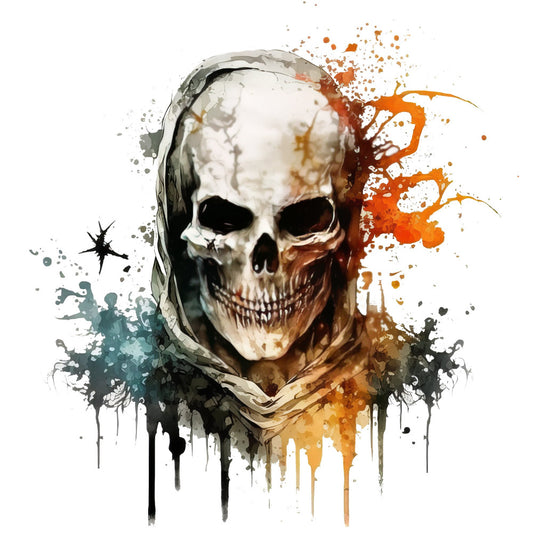skull, skeleton, watercolor, splatter, abstract, orange, teal, gray, grey, charcoal, cream, white, gothic, edgy, modern, artistic, paint splatter, ink splatter, grunge, dark, moody, alternative, punk, metal, dramatic, contemporary, Halloween, day of the dead, rock and roll, wall art