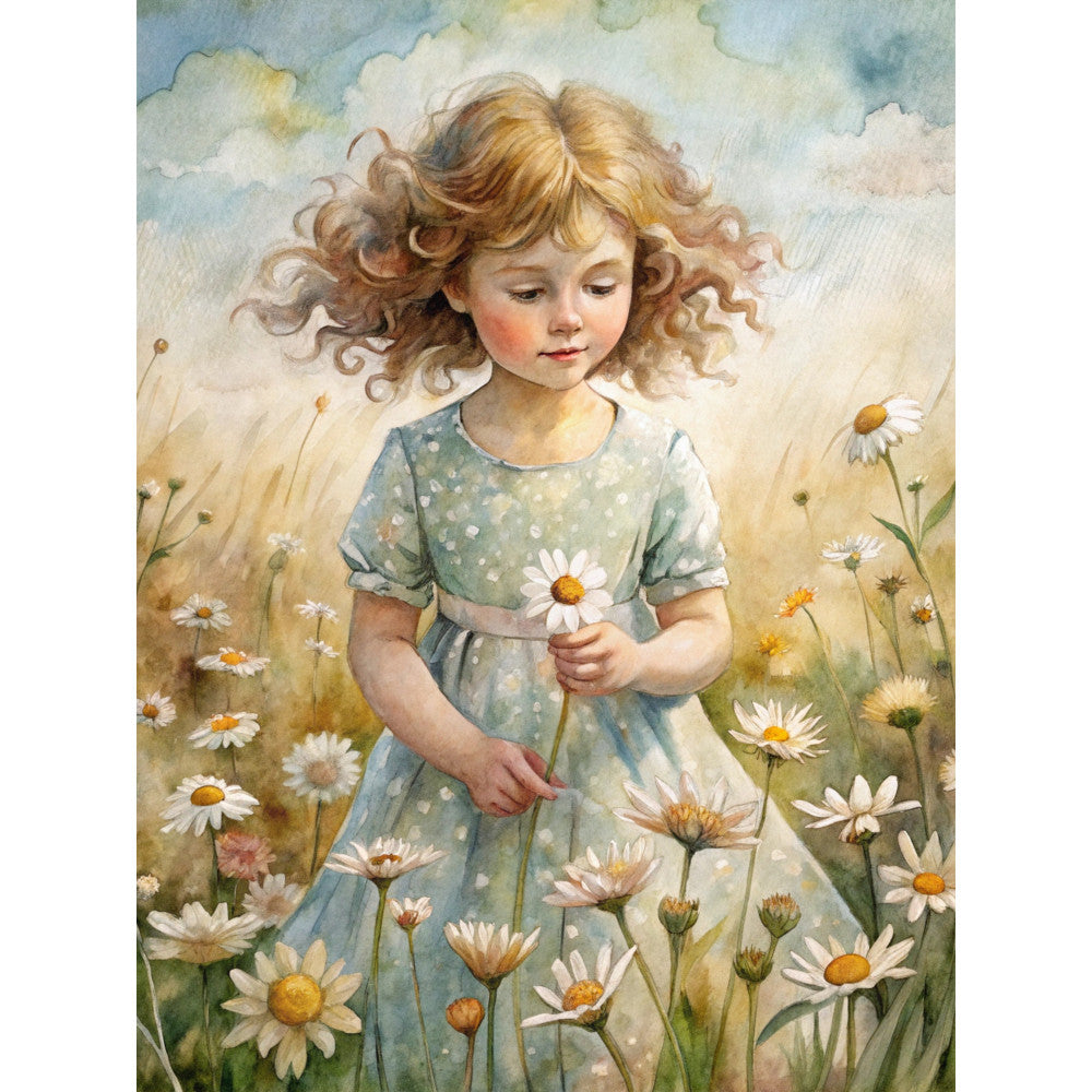 watercolor style, young girl, curly blonde hair, sage green dress, white polka dots, daisy flowers, yellow centers, white petals, meadow scene, soft pastels, whimsical illustration, children's fabric, quilting panel, cotton panel, spring theme, floral motif, dreamy atmosphere, storybook art, nature scene
