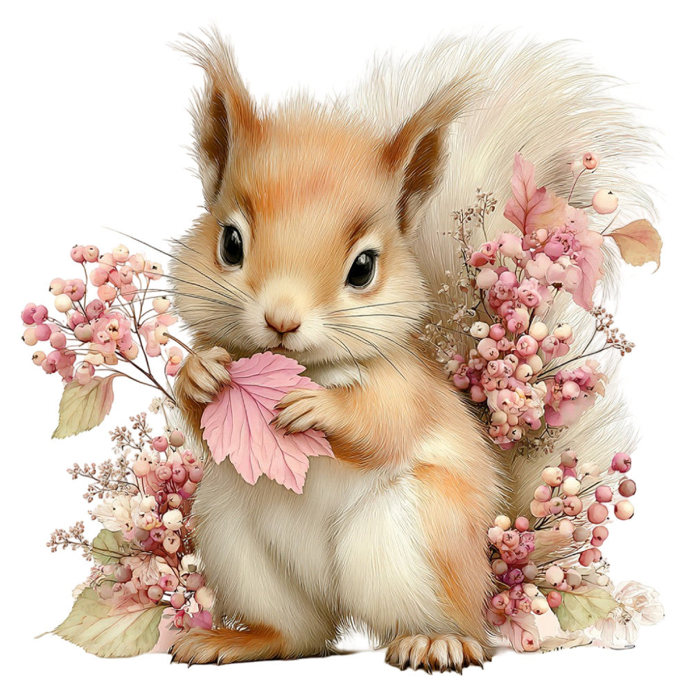 adorable woodland animal, baby squirrel, blush pink, coral pink, cream, cute critter, delicate florals, dried flowers, dusty rose, easter, floral arrangement, gentle woodland, gold accents, illustration style, kawaii, light brown, nature-inspired, nursery, pastel colors, peach, precious moments, spring, storybook illustration, sweet animal, tan, tender blooms, watercolor style, whimsical, woodland creature