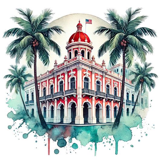 coral red, cream, teal, turquoise, forest green, watercolor, architectural, tropical, palm trees, dome building, historic building, vintage, elegant, whimsical, botanical, nature, travel, destination, colonial architecture, caribbean, american flag, artistic, splatter effect, bohemian, eclectic, wall hanging, home decor, accent panel