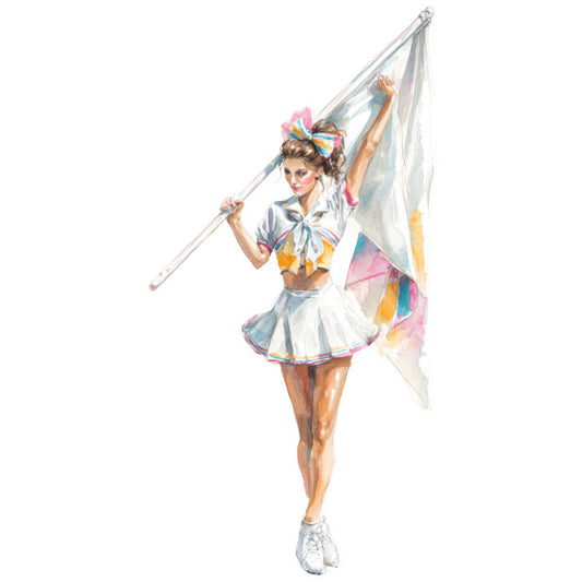 vintage pin-up, retro illustration, 1940s style, 1950s fashion, girl with flag, patriotic, rainbow colors, pastel pink, soft blue, cream white, yellow accent, colorful stripes, fashion illustration, whimsical, playful, cheerful, nostalgic, mid-century modern, elegant pose, woman figure, portrait panel, celebratory, joyful, bright and cheerful, figurative art, classic vintage, americana inspired, summer vibes