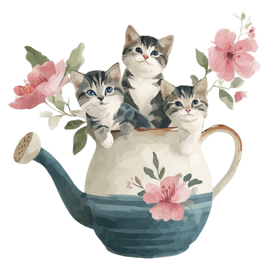 tabby cats, kittens, watering can, pink flowers, floral, nature, whimsical, cute animals, garden themed, dusty rose, sage green, teal blue, cream white, soft colors, pastoral, springtime, charming, cottage core, illustrated, decorative panel, children's fabric, baby quilt, nursery, playful, botanical, garden animals, sweet, gentle, vintage botanical, country garden