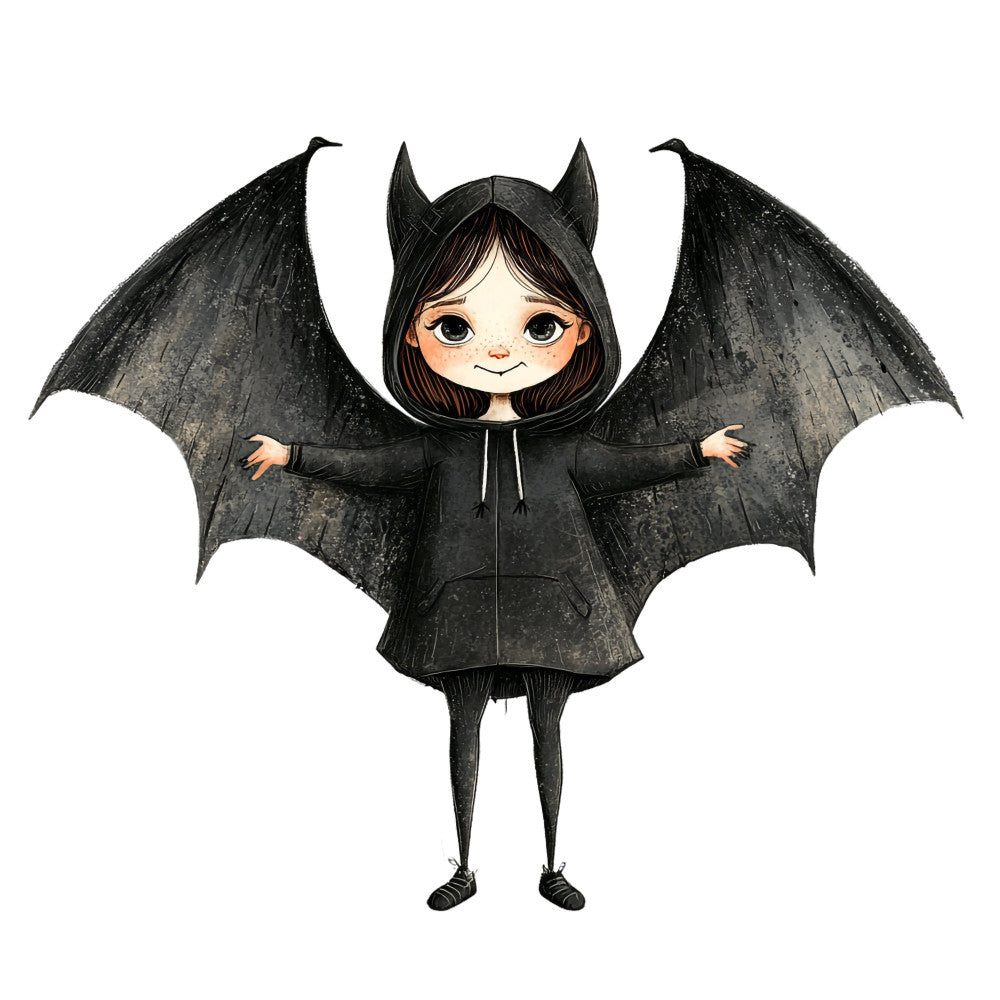 black, charcoal gray, pale skin tone, orange accents, bat wings, horns, gothic, whimsical, spooky, halloween, cute monster, children's illustration, bat motif, devil costume, dark fantasy, playful, mischievous, autumn, halloween decor, trick or treat, character panel, figurative, novelty, kid's fabric, costume themed, dark humor, fantasy creatures, bat wings spread, smiling character, black and white contrast