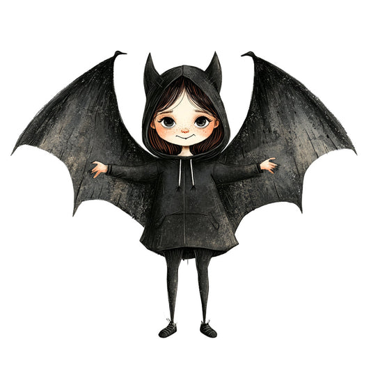 black, charcoal gray, pale skin tone, orange accents, bat wings, horns, gothic, whimsical, spooky, halloween, cute monster, children's illustration, bat motif, devil costume, dark fantasy, playful, mischievous, autumn, halloween decor, trick or treat, character panel, figurative, novelty, kid's fabric, costume themed, dark humor, fantasy creatures, bat wings spread, smiling character, black and white contrast