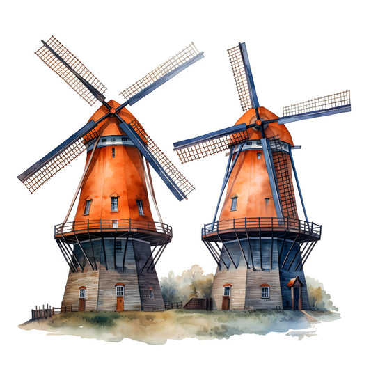 dutch windmills, orange, navy blue, rustic, vintage, farmhouse, countryside, architecture, buildings, european, traditional, whimsical, landscape, pastoral, watercolor, scenic, charming, cottage core, heritage, historical, structures, illustrated, artistic, folk art, fall, autumn, warm tones, cream, beige, nostalgic