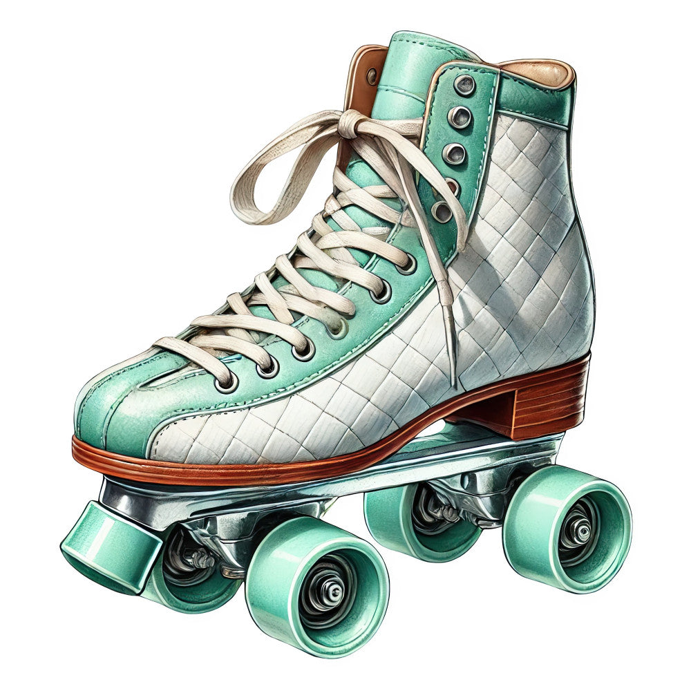 mint green, cream white, seafoam, turquoise, burnt orange, vintage roller skates, retro sports, 1970s style, nostalgic, whimsical, retro aesthetic, mid-century modern, roller derby, recreational sports, leisure activities, quirky, fun novelty, illustration art, detailed artwork, vintage fashion, pastel colors, soft palette, decorative motifs, novelty print, children's fabric, teen fashion, nostalgia print, summer theme, recreational gear, skating equipment
