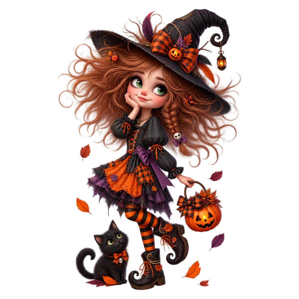 halloween witch, orange and black, autumn, fall, whimsical, witch hat, pumpkin, black cat, striped stockings, plaid, purple, brown hair, green eyes, cute character, holiday, spooky, festive, jack-o-lantern, witch boots, curly hair, leaves, seasonal, children's, novelty, costume, magical, playful, fabric panel, wall hanging