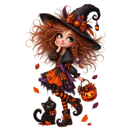 halloween witch, orange and black, autumn, fall, whimsical, witch hat, pumpkin, black cat, striped stockings, plaid, purple, brown hair, green eyes, cute character, holiday, spooky, festive, jack-o-lantern, witch boots, curly hair, leaves, seasonal, children's, novelty, costume, magical, playful, fabric panel, wall hanging