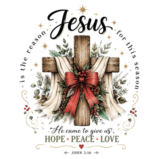 jesus cross, religious, faith, spiritual, christmas, holiday, winter, red ribbon, cream, gold, green, rust red, burgundy, stars, florals, greenery, berries, festive, elegant, traditional, rustic, inspirational, hope peace love, john 3:16, nativity, advent, seasonal, wreath, decorative panel, wall hanging