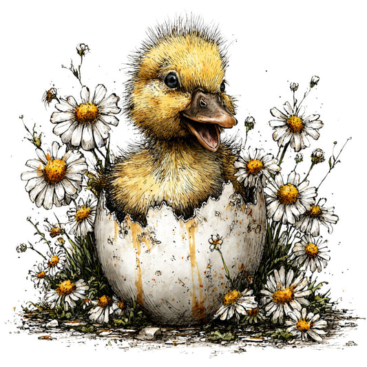 baby chick, duckling, hatching, Easter, spring, yellow, cream, white, gold, daisy, wildflower, floral, nature, animals, farmhouse, whimsical, cute, charming, illustration, watercolor, botanical, garden, pastoral, rustic, newborn, baby shower, children's, delicate, soft, vintage style