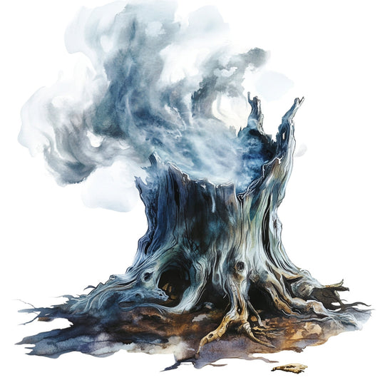 dead tree, gnarled tree, twisted trunk, stormy weather, moody landscape, watercolor art, nature scene, mystical forest, dark fantasy, spooky aesthetic, gothic style, charcoal gray, slate blue, dusty blue, cream white, earthy brown, aged wood texture, bare branches, weathered, rustic elegance, dramatic sky, misty clouds, ethereal, contemplative, melancholic, woodland, environmental art, illustration style, artistic, wall hanging