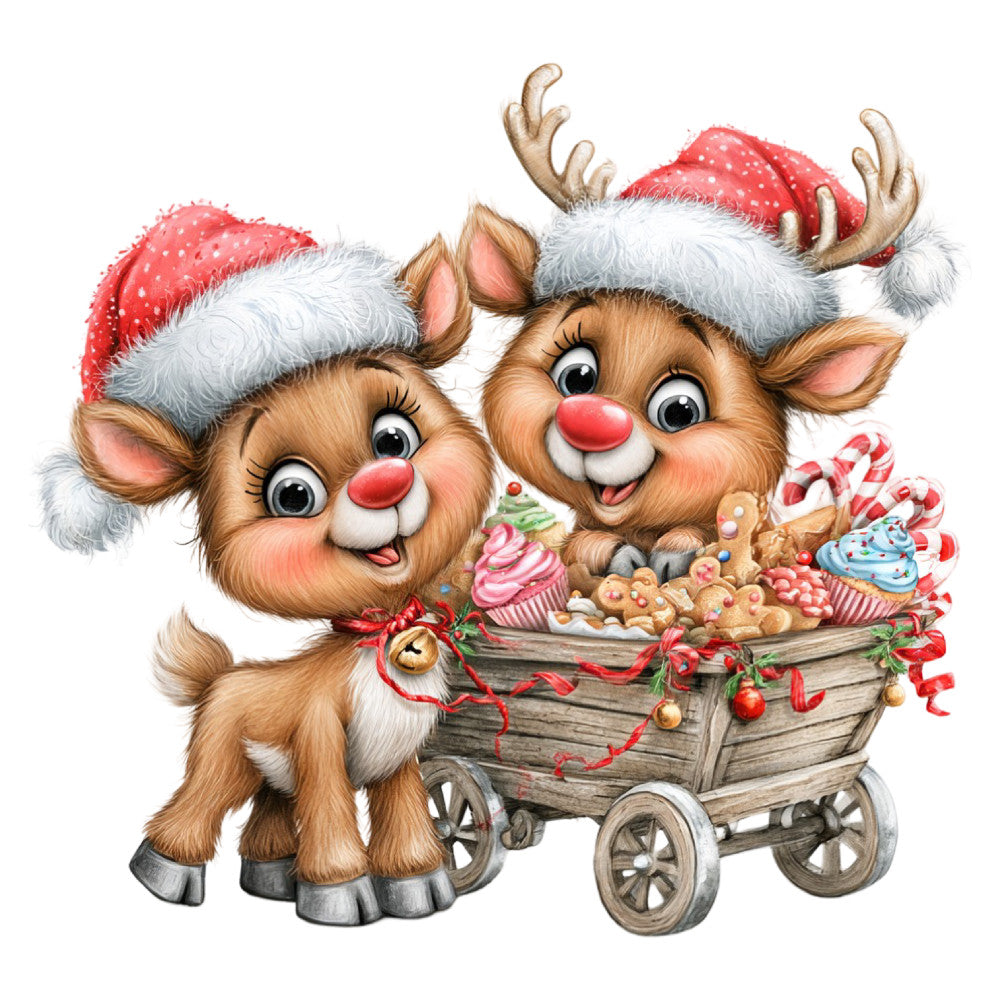 christmas, holiday, reindeer, festive, whimsical, cute animals, red, white, tan, brown, coral pink, candy canes, gingerbread, cupcakes, baked goods, christmas baking, santa hat, antique red, cream, seasonal, winter, cheerful, playful, cartoon style, children's, festive theme, holiday treats, desserts, vintage christmas, nostalgic