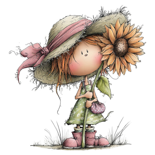 whimsical, girl, sunflower, straw hat, garden, nature, spring, summer, cottage core, farmhouse, children's, cute, charming, illustration, vintage-inspired, rustic, pastoral, folk art, botanical, gold yellow, dusty rose, soft pink, sage green, cream, natural, country, child-friendly, picture panel, decorative, artistic