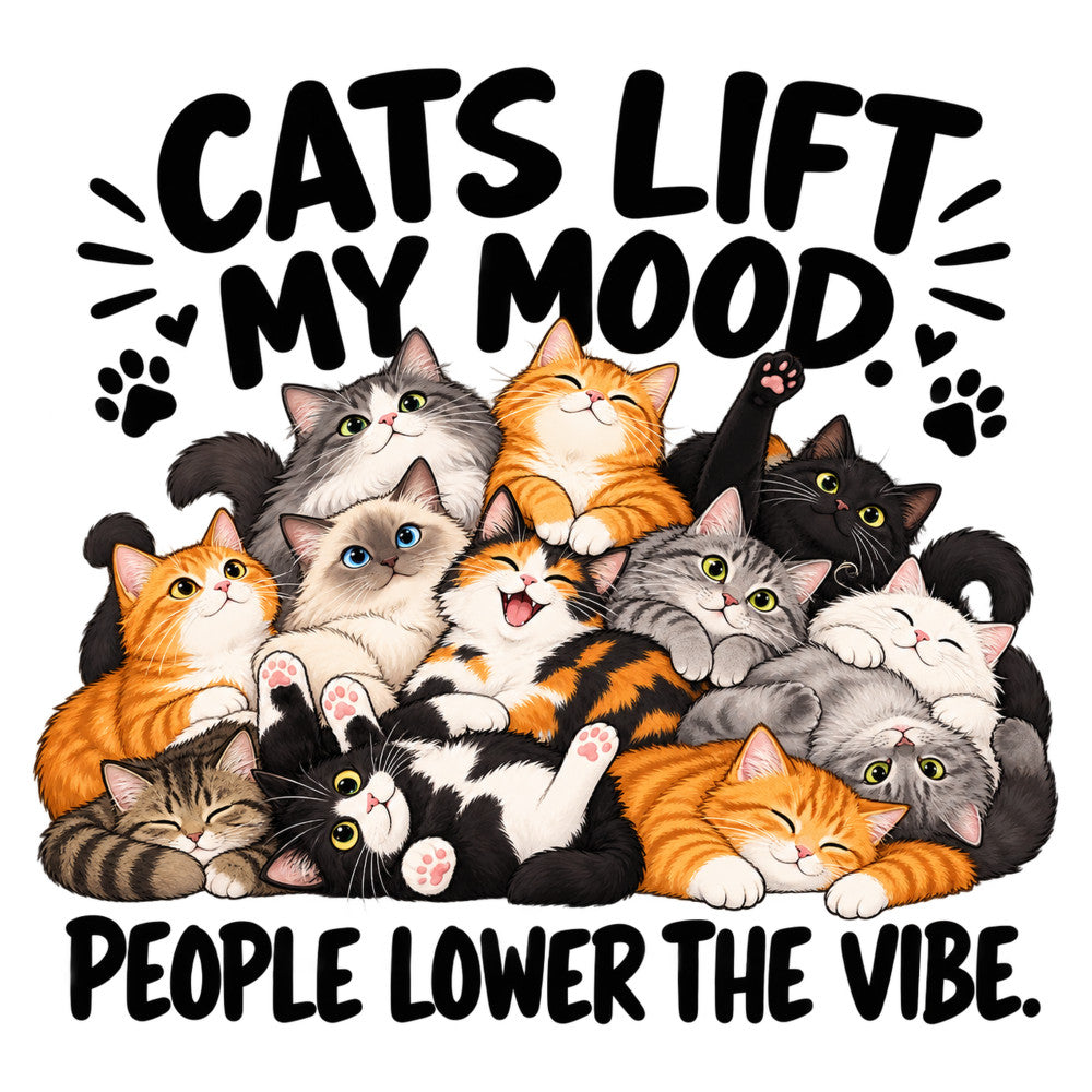 cats, kittens, orange tabby, black cats, gray cats, calico, whimsical, funny, humorous, motivational, mood lifting, paw prints, hearts, cute animals, pet lovers, cat lovers, playful, contemporary, modern, multi-color, black and white, orange and white, gray and white, animal themed, fun quotes, typography, decorative panel, home decor, gift fabric