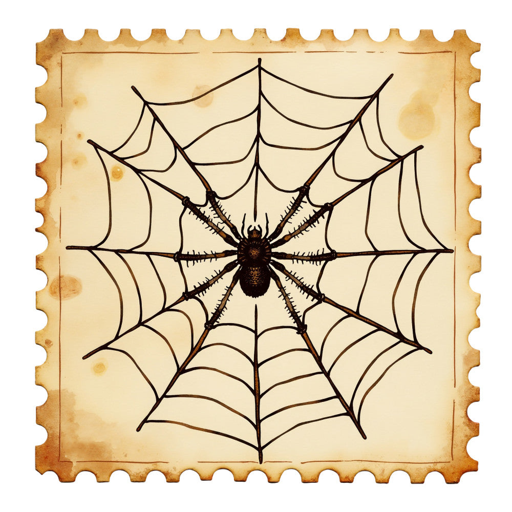 Halloween Postage Stamps Fabric Panel 16 featuring a detailed spider on web design printed on premium quilting cotton.