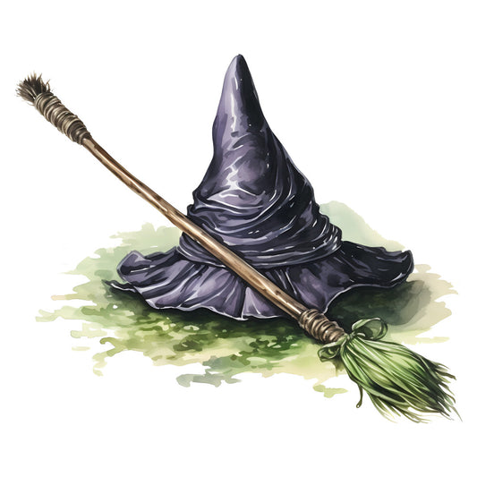 witch hat, broomstick, purple, dark purple, deep purple, green, sage green, moss green, nature, magical, whimsical, fantasy, witchy, halloween, celestial, mystical, enchanted, spooky, occult, wizard, sorcery, potion, spell, gothic, dark academia, autumn, fall, rustic, traditional, apparel