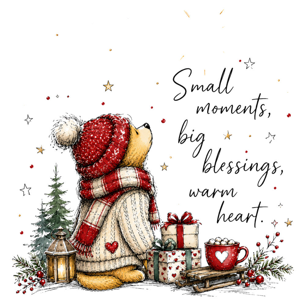 christmas, holiday, winter, red, cream, beige, gold, forest green, cozy, warm, whimsical, cute animals, teddy bear, festive, stars, hearts, gifts, presents, plaid, scarf, lantern, hot chocolate, mug, rustic, vintage, seasonal, inspirational quote, greeting card, wall hanging, decorative panel