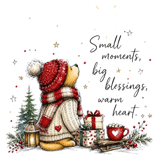 christmas, holiday, winter, red, cream, beige, gold, forest green, cozy, warm, whimsical, cute animals, teddy bear, festive, stars, hearts, gifts, presents, plaid, scarf, lantern, hot chocolate, mug, rustic, vintage, seasonal, inspirational quote, greeting card, wall hanging, decorative panel