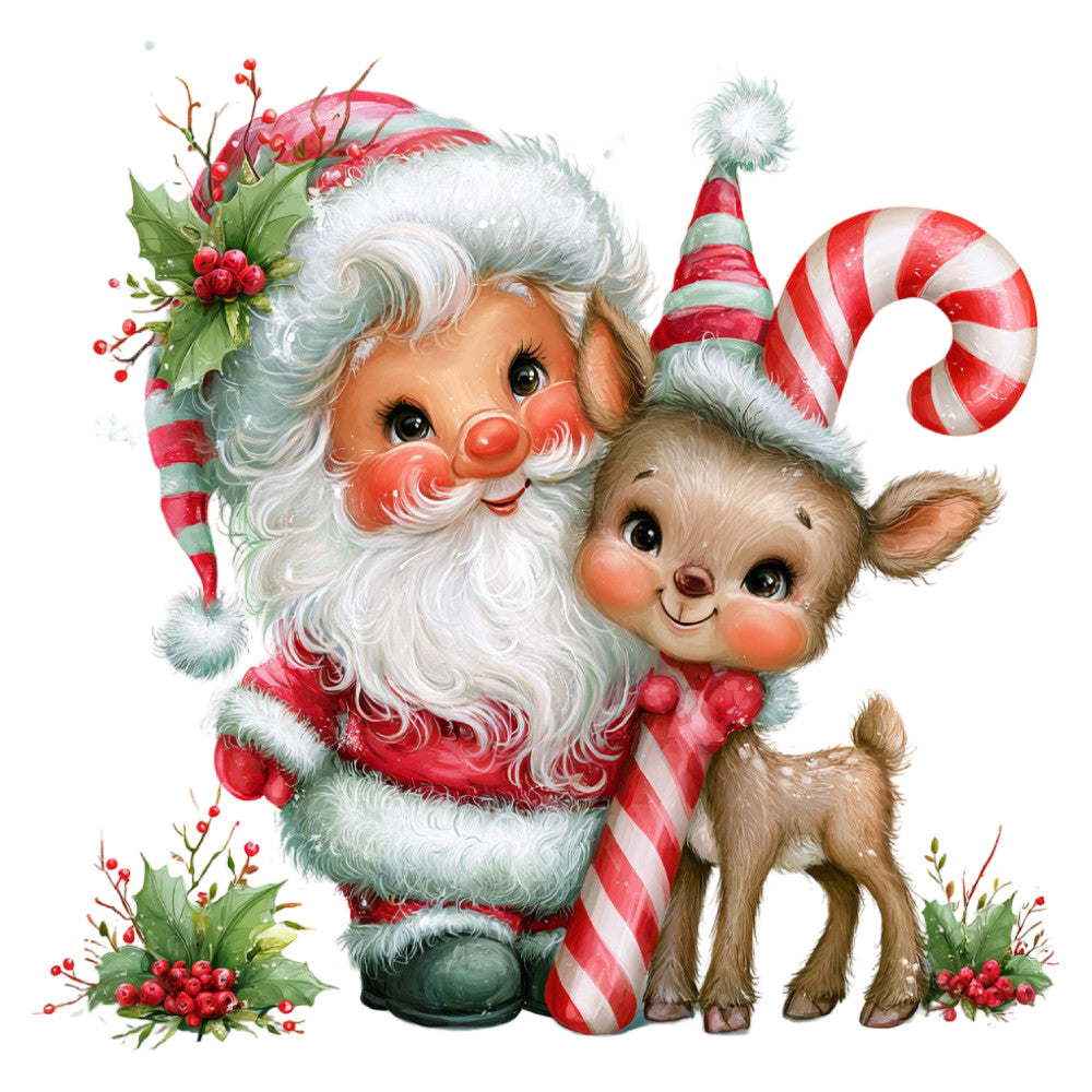 santa claus, reindeer, christmas, holiday, red and white, candy cane, festive, whimsical, vintage christmas, retro, nostalgic, cute characters, jolly, winter, seasonal, striped, holly berries, green foliage, cheerful, traditional christmas, children's, fabric panel, decorative, classic, charming, kitschy, mid-century style