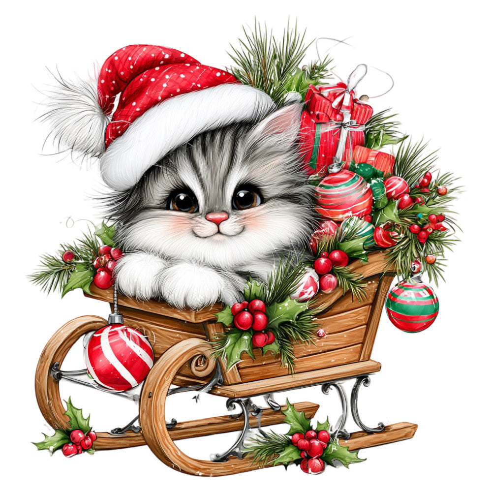 christmas cat, holiday kitten, red and white, festive, winter, santa hat, polka dot, evergreen, holly berries, ornaments, sleigh, striped baubles, whimsical, cute animals, seasonal, red polka dot, christmas ornaments, pine branches, berry sprigs, red and green, festive kitten, holiday panel, christmas decoration, children's print, playful, traditional christmas, metallic accents, gift theme, cozy holiday