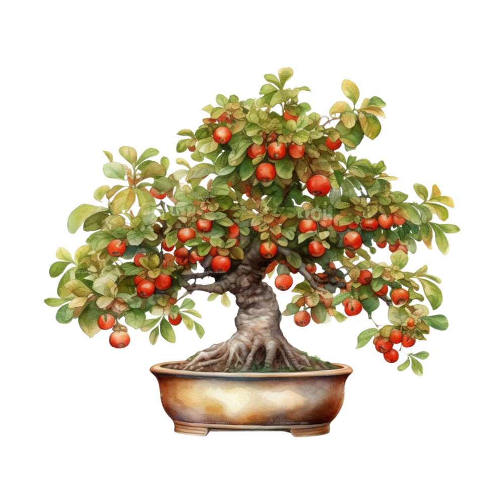 bonsai tree, fabric panel, red berries, green leaves, brown trunk, terracotta pot, botanical illustration, watercolor style, miniature tree, gardening theme, nature motif, earthy tones, quilting cotton, craft fabric, zen garden, asian inspired, potted plant, decorative panel, organic shapes, peaceful imagery