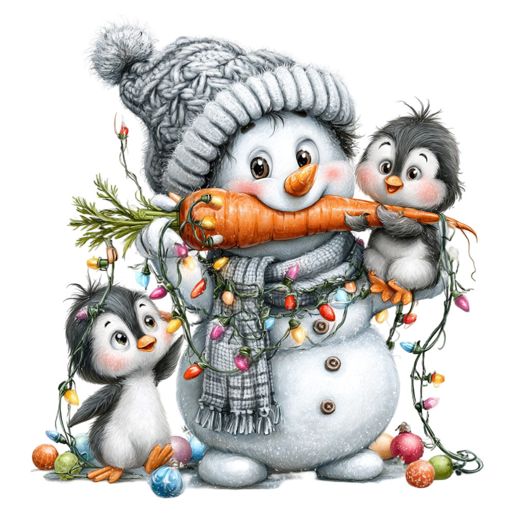 snowman, winter, christmas, holiday, festive, whimsical, charming, cute animals, penguins, carrot nose, orange, white, gray, grey, black, colorful ornaments, decorative lights, playful, cheerful, children's, baby, nostalgic, vintage style, nature elements, evergreen, traditional holiday, seasonal, wall hanging, home decor