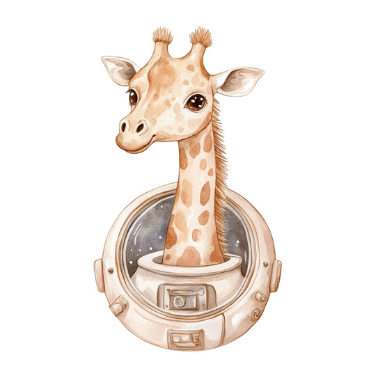 giraffe, space, astronaut, cosmic, whimsical, children's, baby, tan, cream, beige, brown, gray, charcoal, animals, wildlife, nursery, playroom, adventure, exploration, modern, cute, illustrated, themed panel, gender neutral, safari animals, space exploration, celestial, helmet window, nostalgic, retro futurism