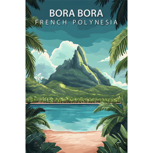 teal, turquoise, emerald green, coral pink, white clouds, tropical paradise, mountain landscape, palm fronds, beach scene, lagoon water, volcanic peak, french polynesia, travel poster, vintage illustration, fabric panel, quilting cotton, tropical vacation, island getaway, exotic destination, paradise theme