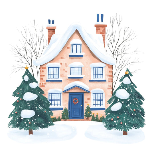 winter house, snowy cottage, christmas, holiday, festive, navy blue, coral pink, forest green, cream, brick red, whimsical, charming, cozy, rustic, farmhouse, traditional, winter scene, snow-covered, evergreen trees, decorated trees, chimneys, windows, door wreath, bare trees, seasonal, winter wonderland, quilt panel, home decor, nostalgic, cottage core