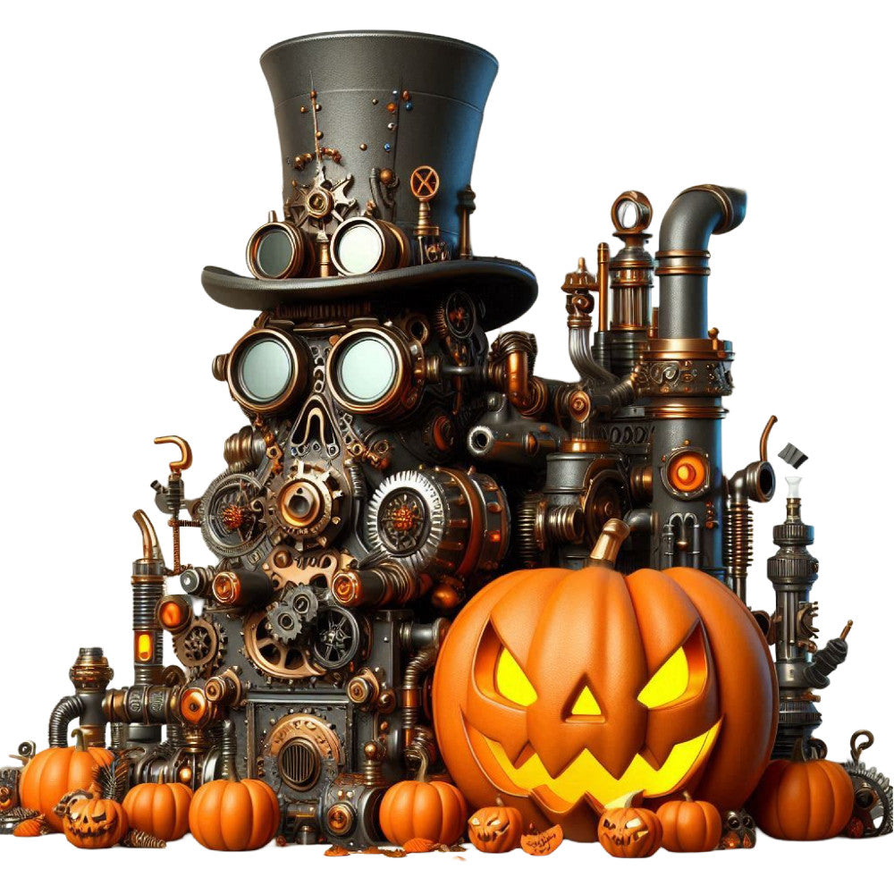 steampunk, halloween, pumpkin, jack-o-lantern, autumn, fall, bronze, copper, black, orange, yellow, gears, cogs, mechanical, industrial, vintage, victorian, goggles, top hat, pipes, gears pattern, festive, holiday, spooky, seasonal, decorative panel, timeless, retro, metallic accents
