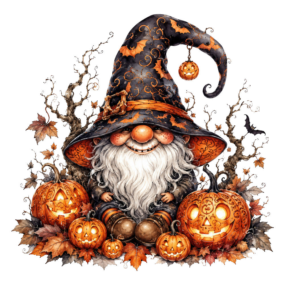 halloween gnome, pumpkin, jack-o-lantern, autumn, fall, orange, black, cream white, whimsical, festive, holiday, seasonal, witch hat, leaf pattern, twisted branches, bat, decorative gnome, spooky, charming, folk art style, vintage halloween, rustic, harvest theme, illuminated pumpkins, autumn leaves, beige, bronze, cottage core, mystical, decorative panel