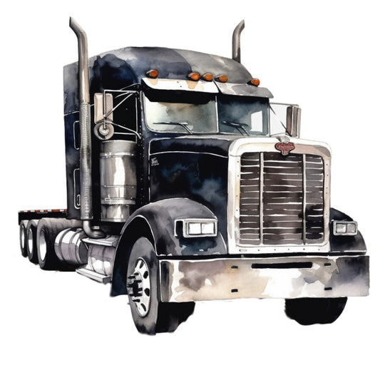watercolor art, semi truck, transportation, navy blue, white, gray, orange lights, chrome details, exhaust stacks, fabric panel, quilting cotton, vehicle illustration, masculine design, trucking theme, realistic style, automotive art, industrial vehicle, sleeper cab, detailed rendering, artistic watercolor