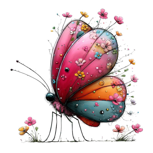 butterfly, pink, coral, orange, teal, red, whimsical, nature, flowers, floral, spring, summer, insects, colorful, artistic, watercolor, fantasy, children, cute, garden flowers, cosmos, daisy, modern, playful, vibrant, decorative, illustration style, botanical, kid-friendly, nursery