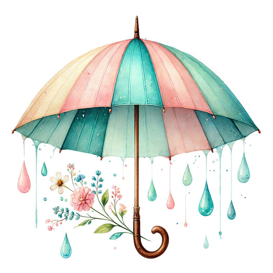 umbrella, raindrops, floral, watercolor, pastel pink, sage green, teal, cream, whimsical, nature, spring, rain theme, flowers, botanical, delicate, elegant, gentle, dreamy, cottage core, raindrop motifs, pink flowers, blue-green, soft colors, romantic, decorative panel, wall hanging, nursery, baby shower, peaceful, artistic